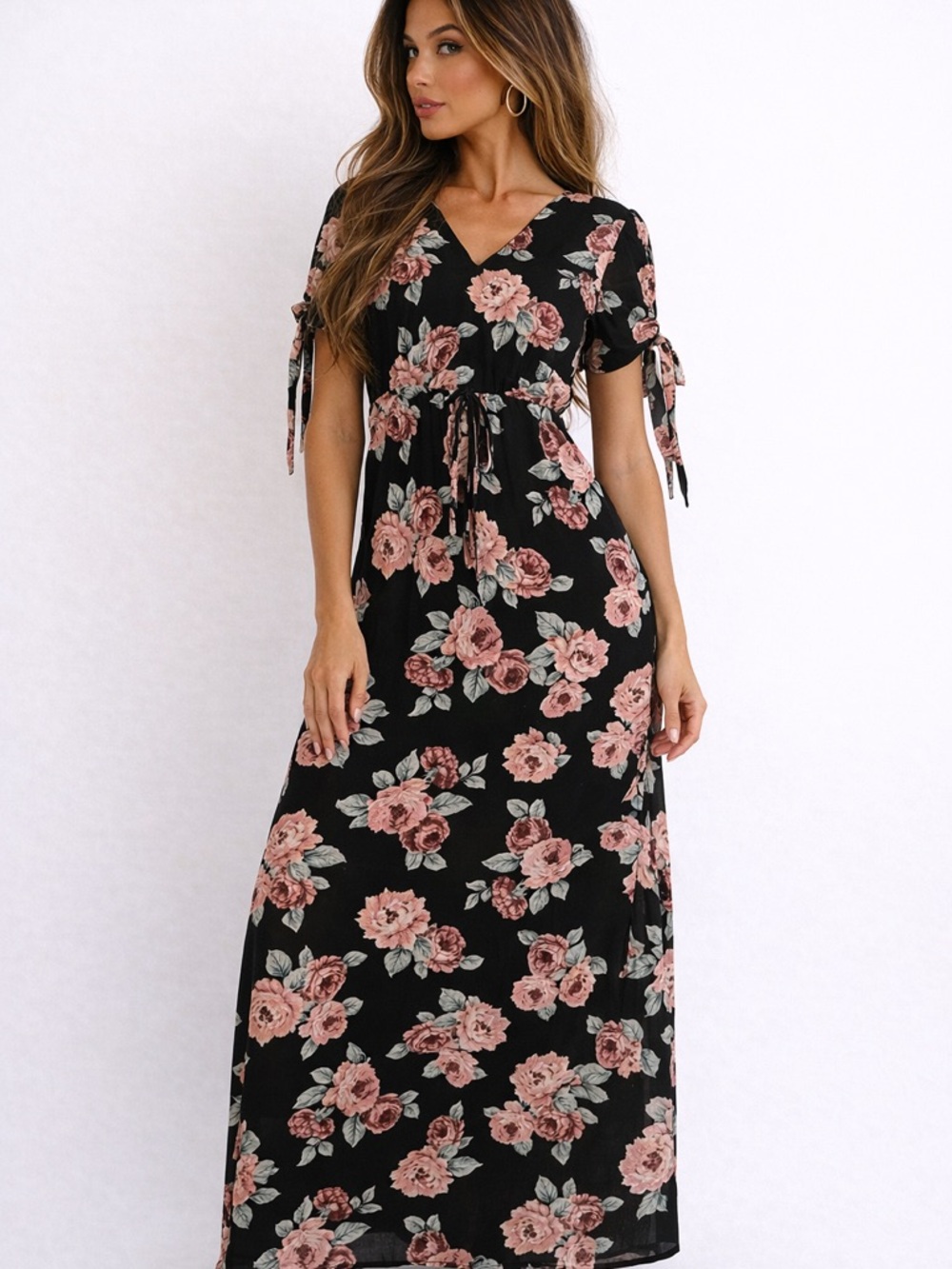 Lily Rose Black Maxi Dress with Pink Rose Print